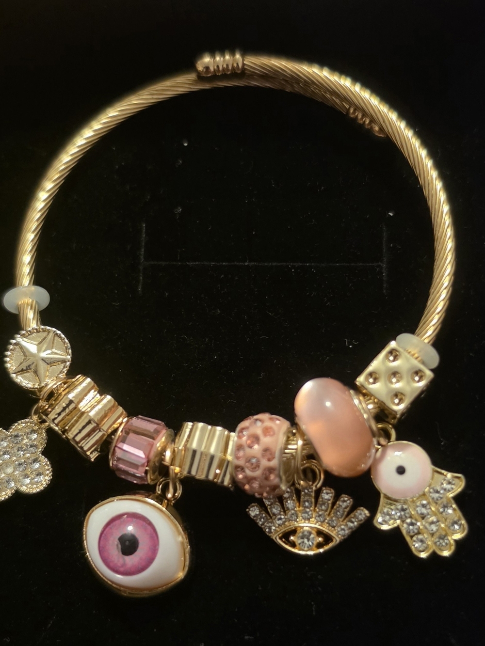 Gold-Plated Charm Bracelet with Pink Beads and Eye Charms